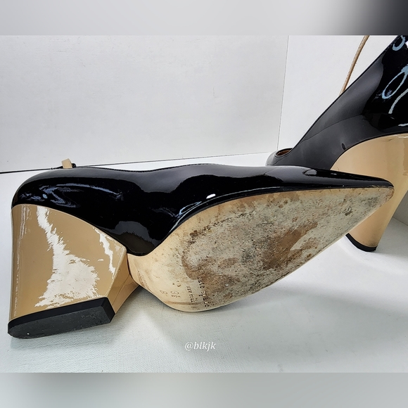 kate spade Prince Black/Powder Patent Leather Strap Wedge Heels EUC Size 9 1/2 - Picture 14 of 16